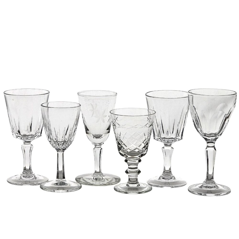 6 Mismatched Vintage Cocktail Glasses Etched Floral romantic dinner drinks party